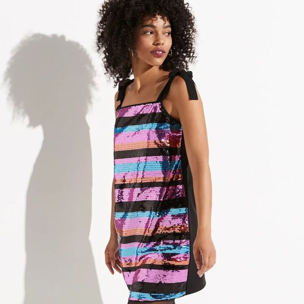K/lab Striped Sequin Mini Dress with tie straps sz XL Disco party